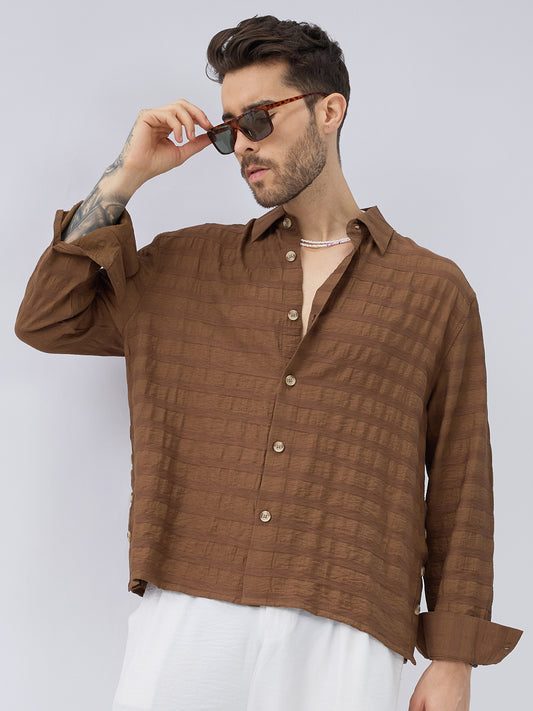 Brown Tonal Textured Side Slit Button Boxy Fit Crop Shirt