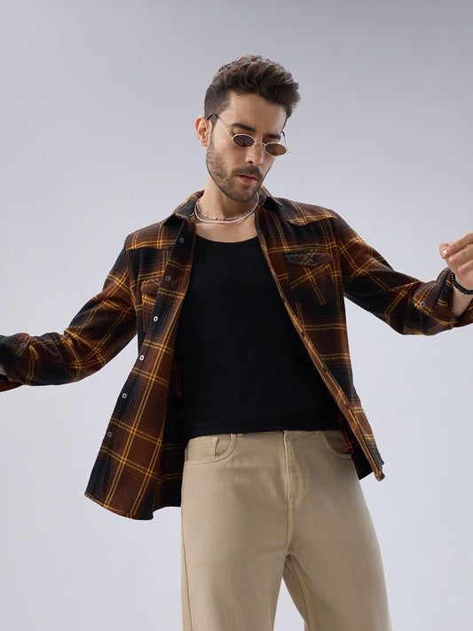 Vintage Coffee Brown & Mustard Checks Flap Pocket Flannel Shirt