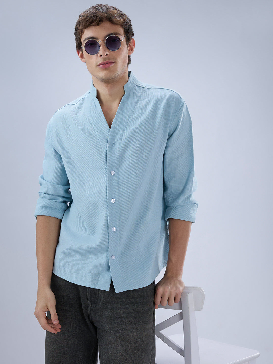 Soft Baby Blue Diagonal Textured Stand Collar Oversized Shirt