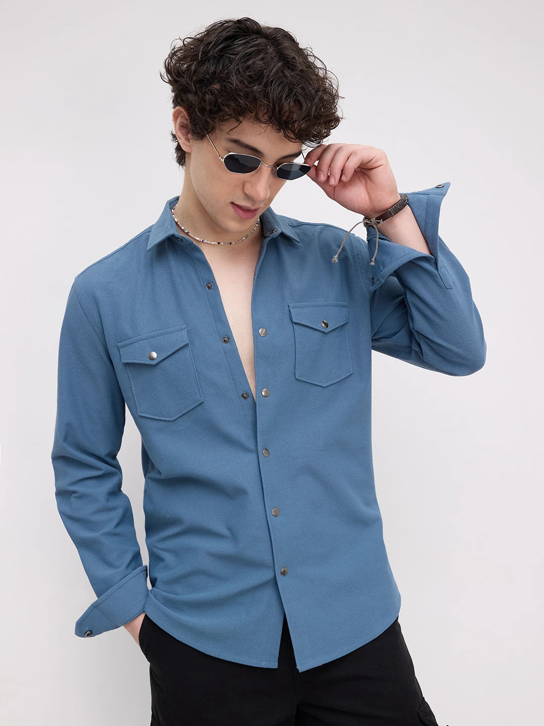 Cerulean Blue Twin Pocket Knitted Overshirt