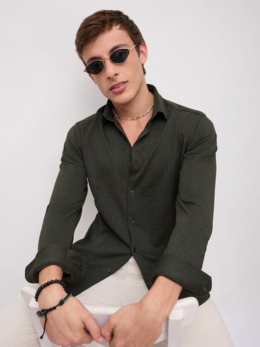 Dense Forest Green Mini Checks Textured Knitted Shirt