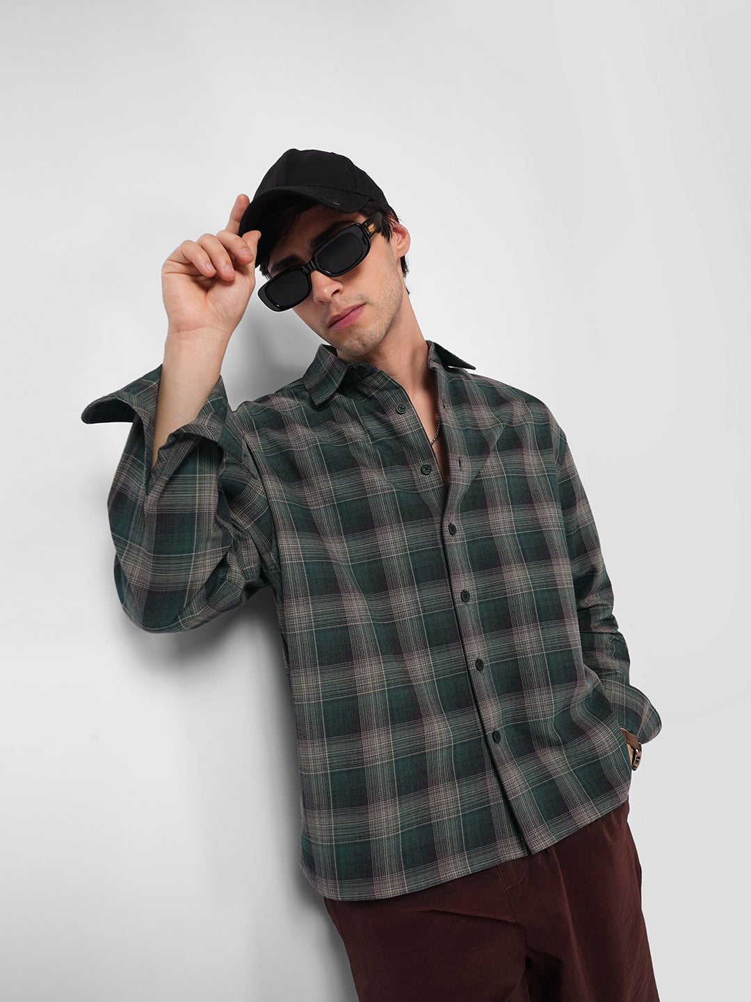 Heritage Forest Green Contrast Fine Checked Boxy Fit Crop Shirt