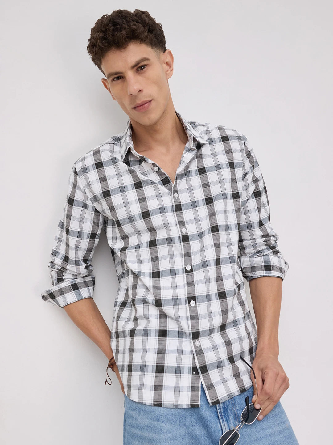 Premium White & Grey Plaid Checks Textured Shirt
