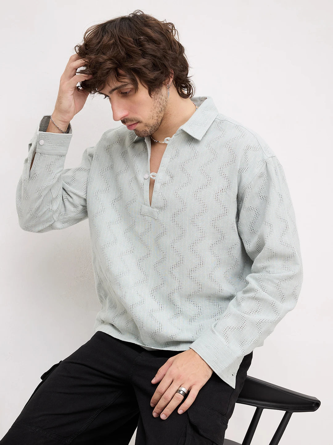 Tea Green Intricate Crossweave Jacquard Loop Button Oversized Shirt