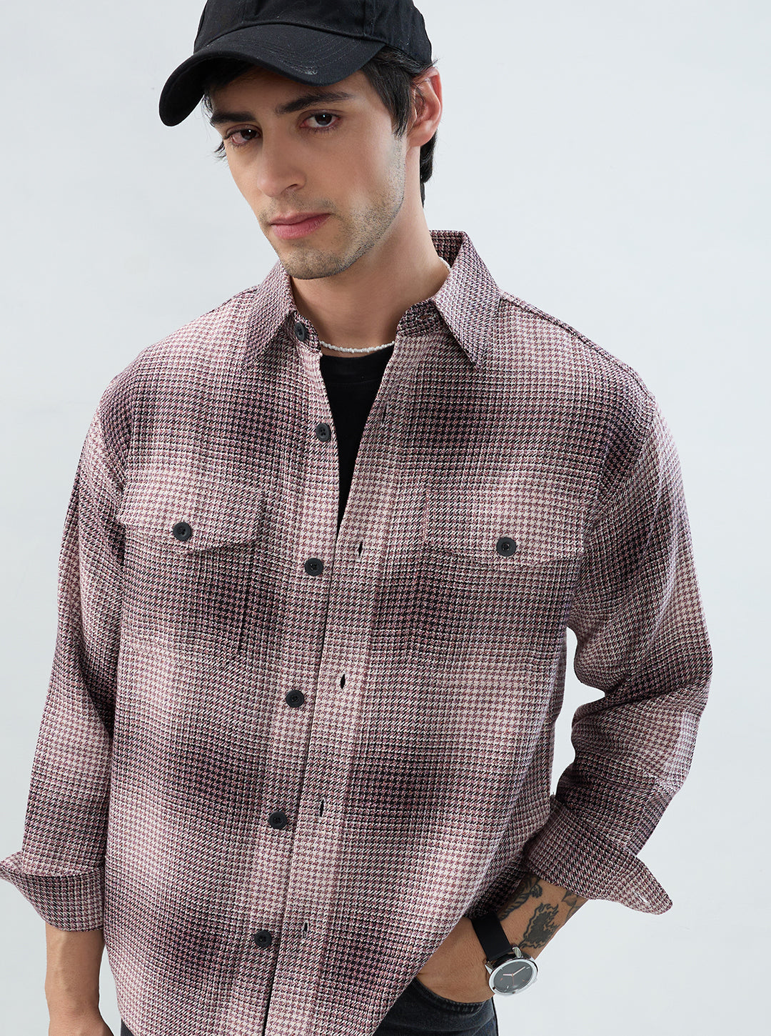 Old-School Red & Black Houndstooth Twin Pocket Flannel Shirt