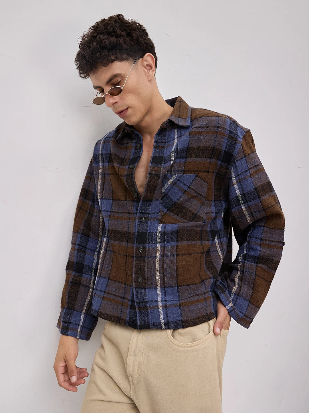 Effortless  Brown & Blue Glen Checks Cuffless Oversized Crop Shirt