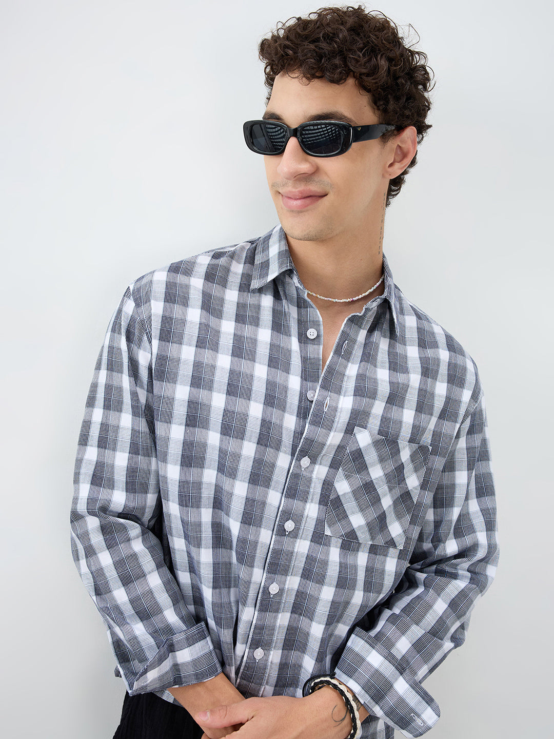 Monochrome Dual Scale Grid Weave Boxy Fit Crop Shirt