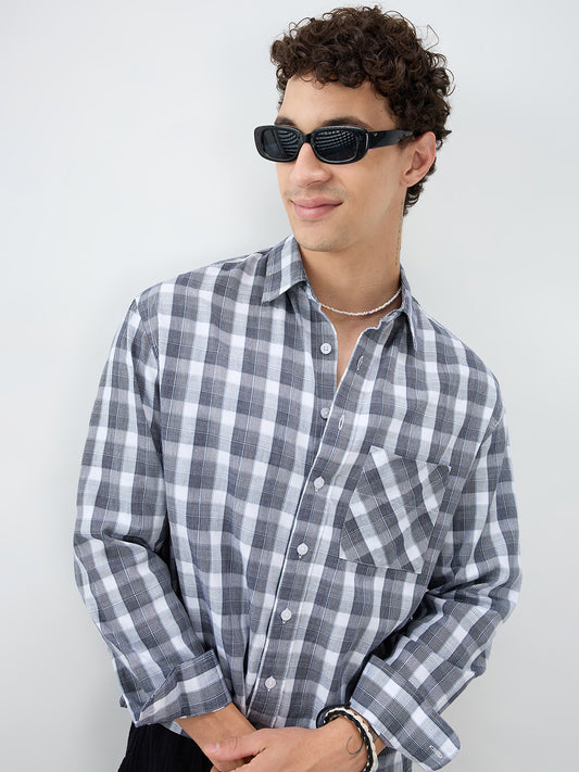 Monochrome Dual Scale Grid Weave Boxy Fit Crop Shirt