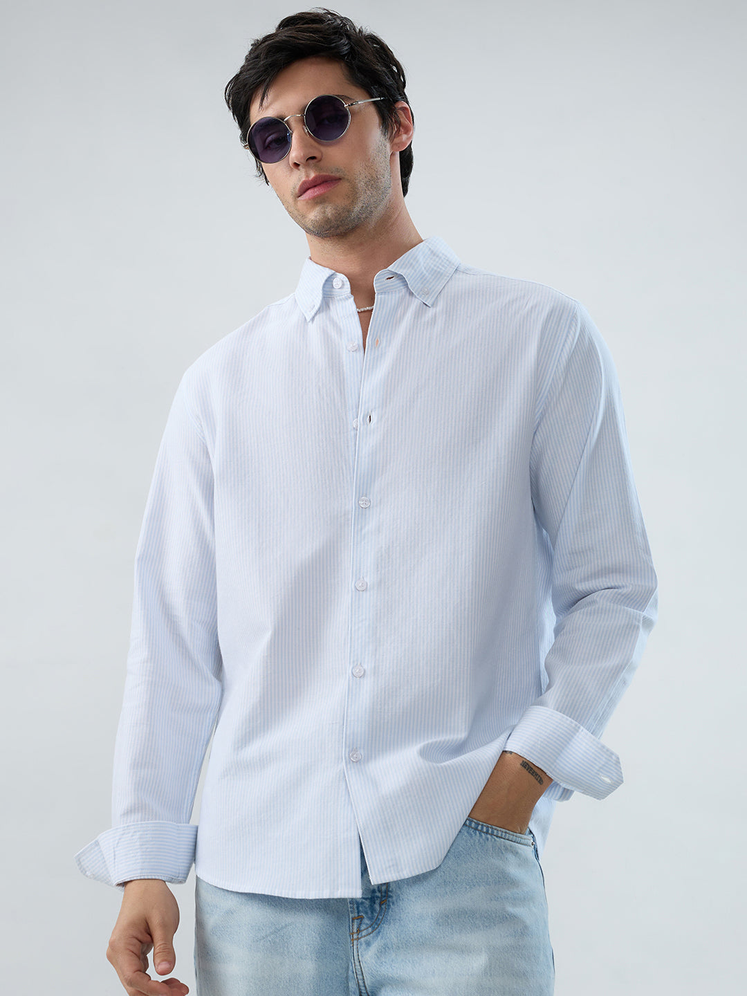 Ice Mist Blue Fine Striped Button-Down Collar Business Shirt
