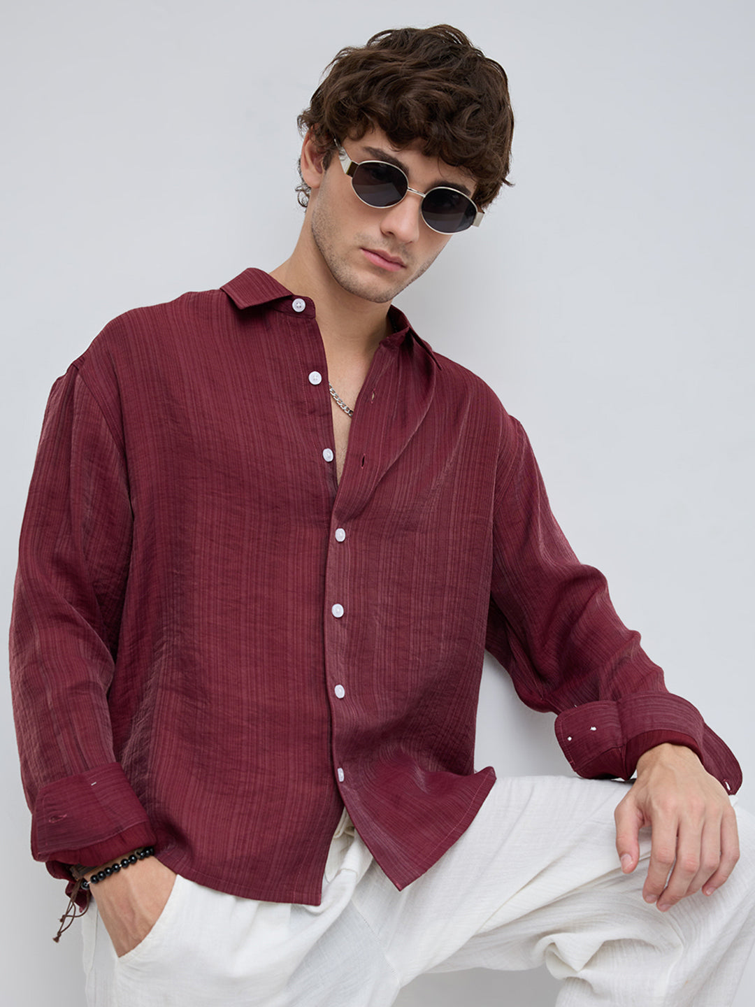 Crimpson Red Textured Boxy Fit Crop shirt