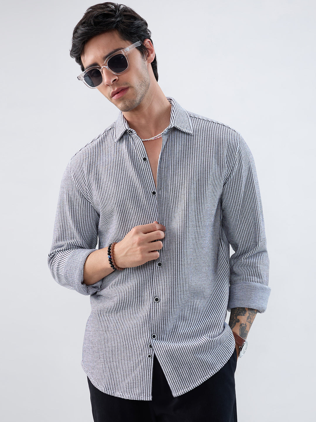 White Grid Textured Knitted Shirt
