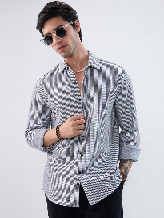 White Grid Textured Knitted Shirt