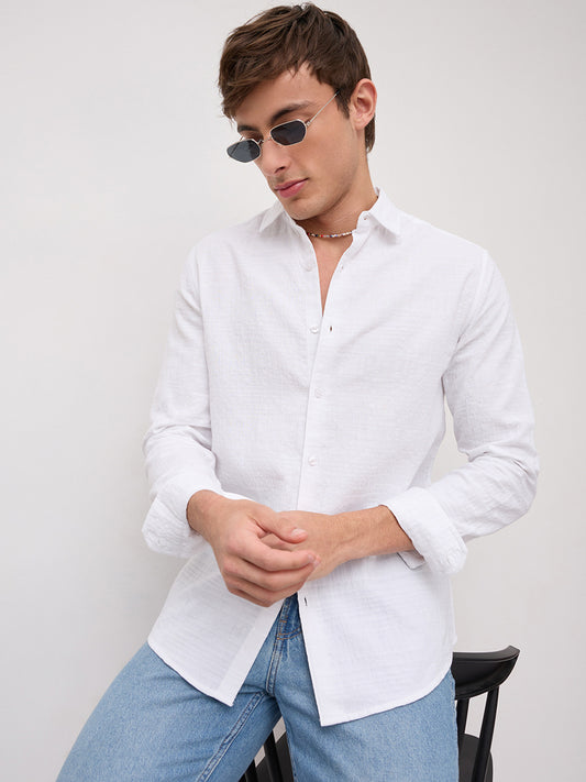 Plush Pearl White Ledger Checks Double Cloth Shirt
