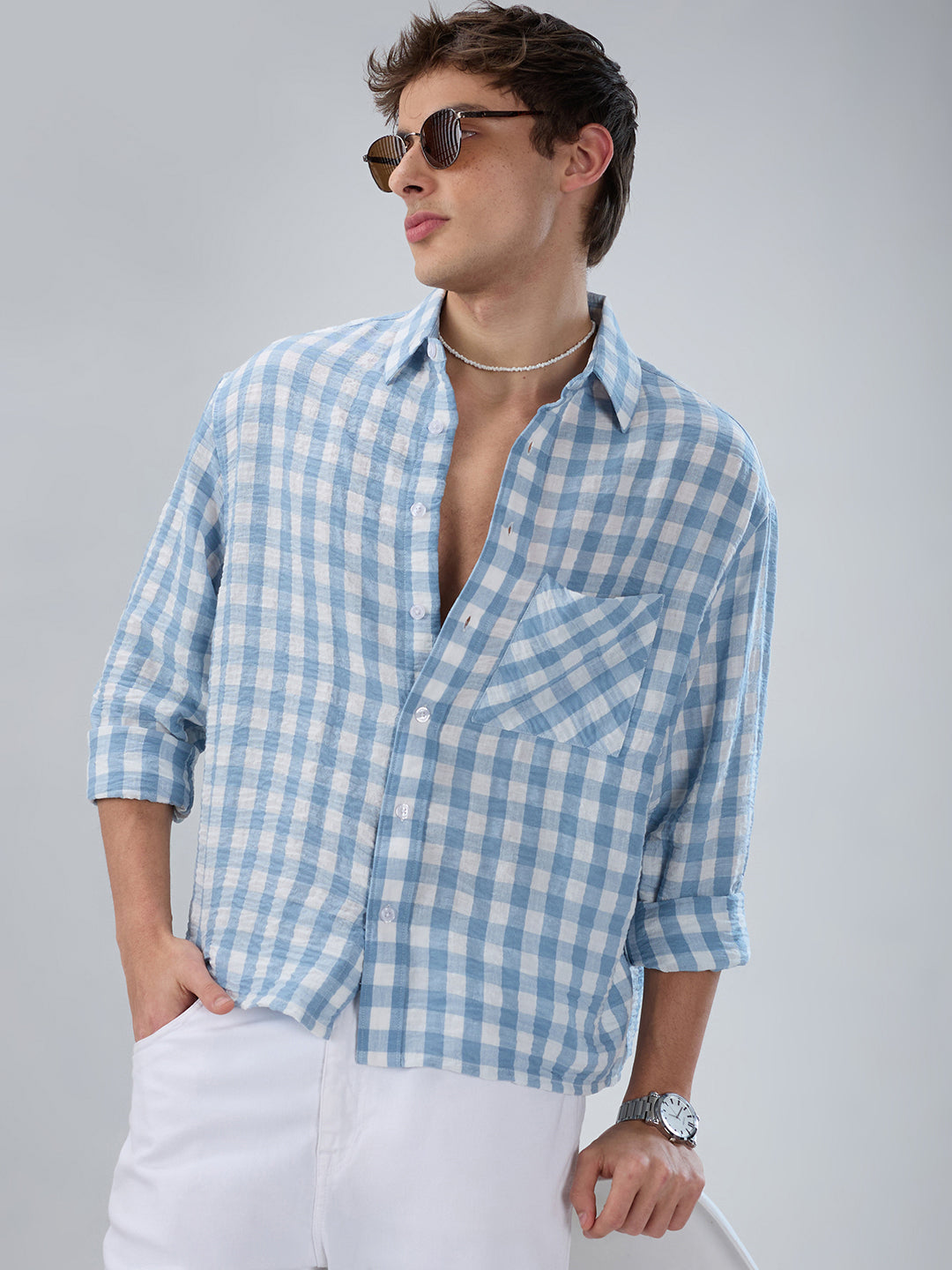 Powder Blue & White Ghingam Checks Boxy Fit Crop Shirt