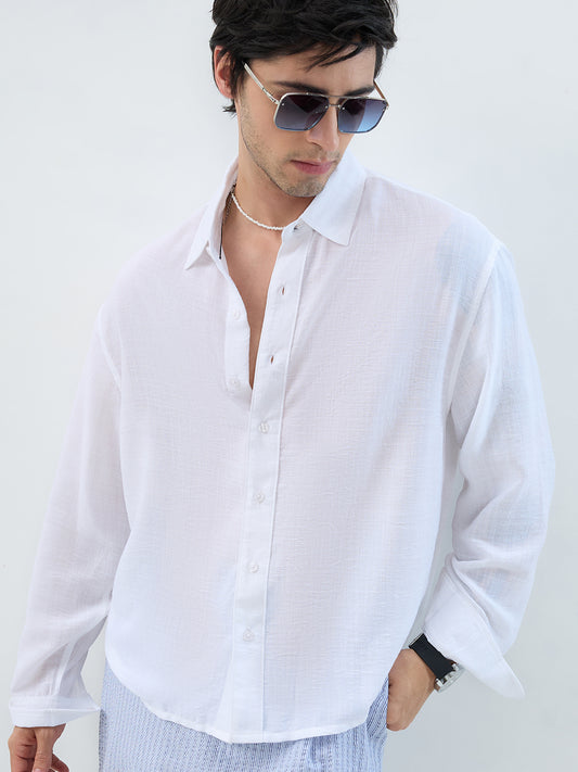 Elegant Pearl White Sheer-Weave Boxy Fit Crop Shirt