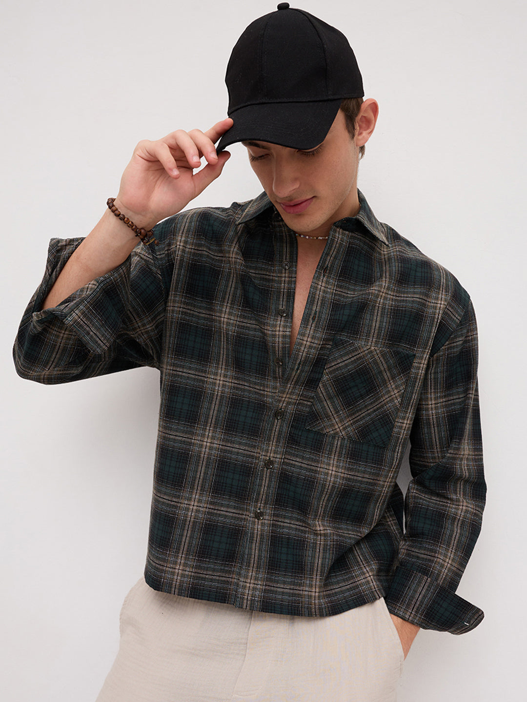 Forest Black Multi Line Plaid Checks Boxy Fit Crop Shirt