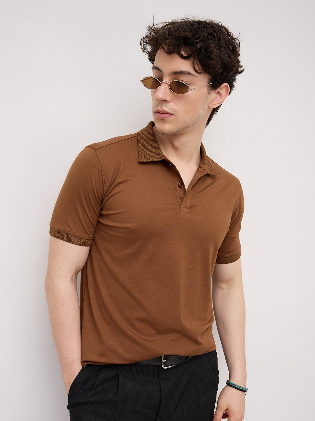 Solid Caramel Brown Honeycomb Polo Knit T-Shirt
