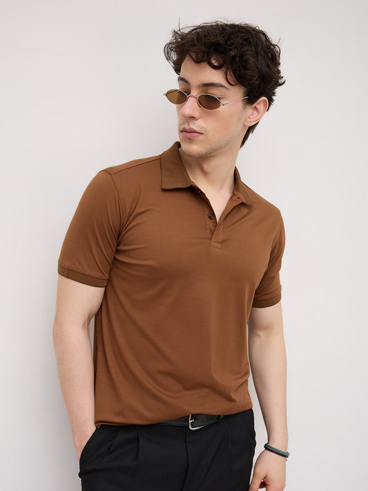 Solid Caramel Brown Honeycomb Polo Knit T-Shirt