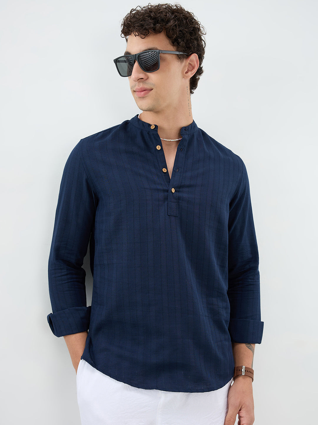 Navy Ladder Striped Subtle Textured Kurta