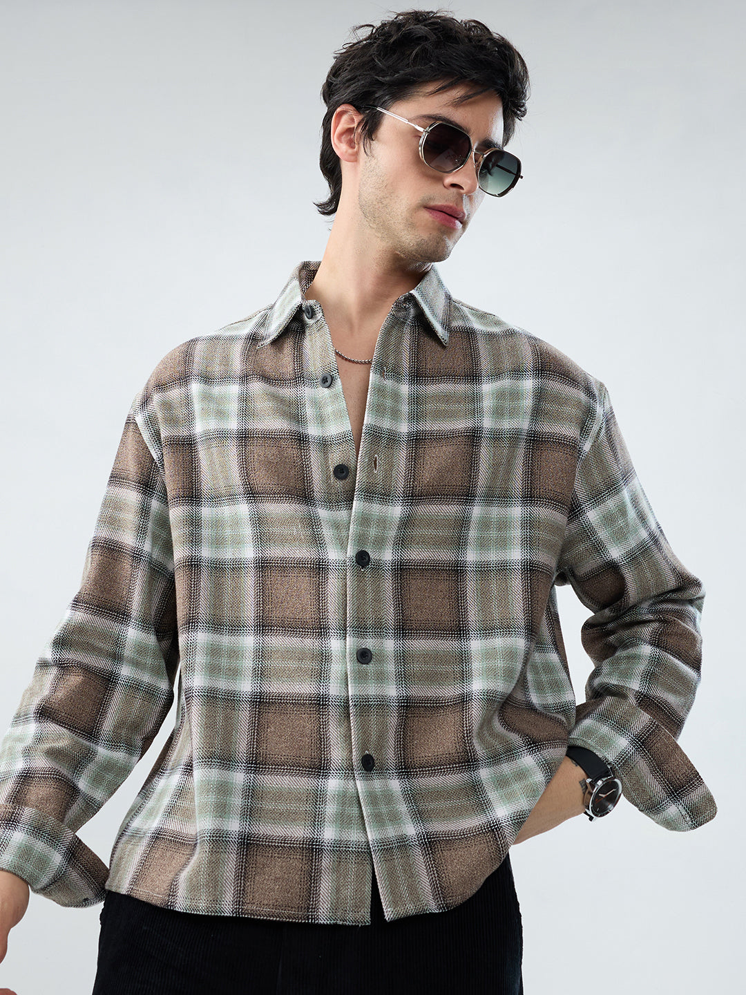 Brown & Olive Retro Contrast Checks Boxy Fit Crop Shirt