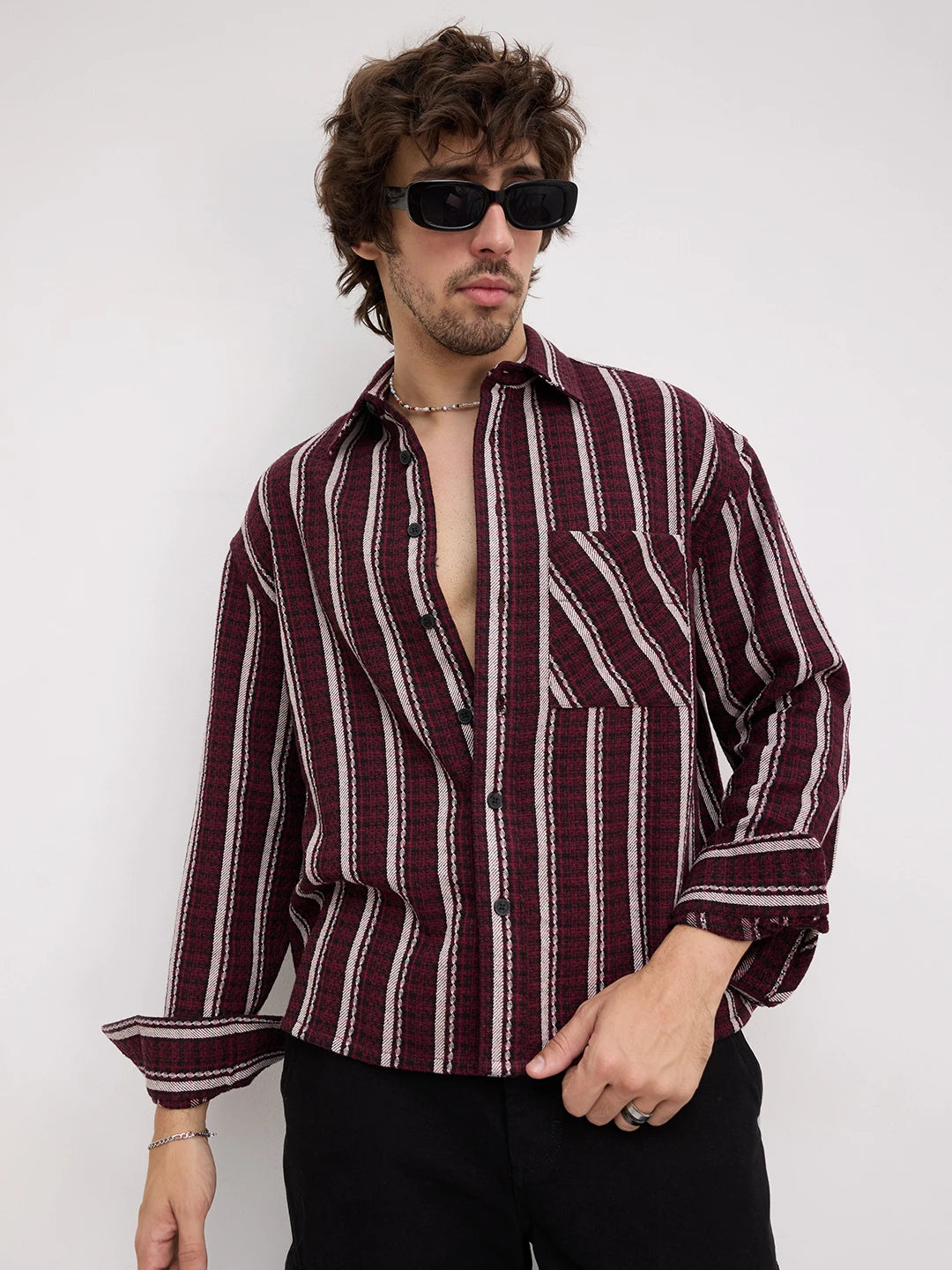 Maroon Contrast Striped Wintercrest Flannel Boxy Fit Crop Shirt