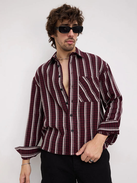 Maroon Contrast Striped Wintercrest Flannel Boxy Fit Crop Shirt