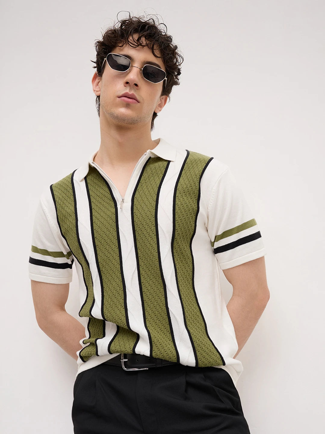White Artisian Panel Striped Polo Zip Flat Knit T-shirt