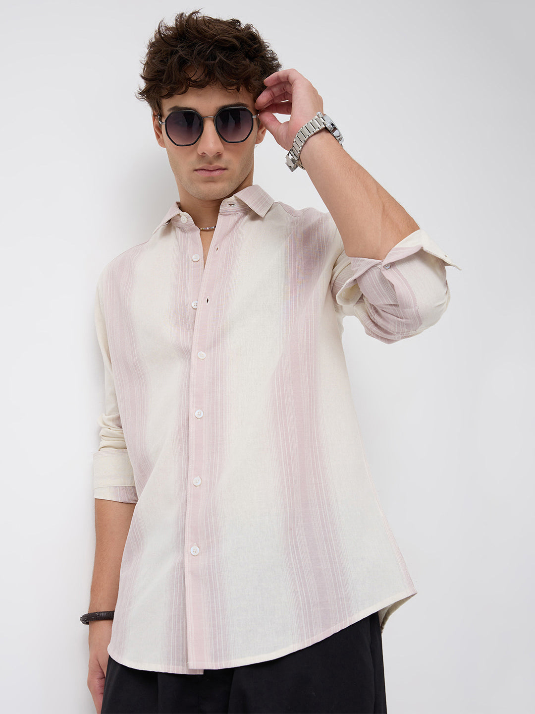 Luxe Misty Pink Refined Striped Linen Blend Shirt