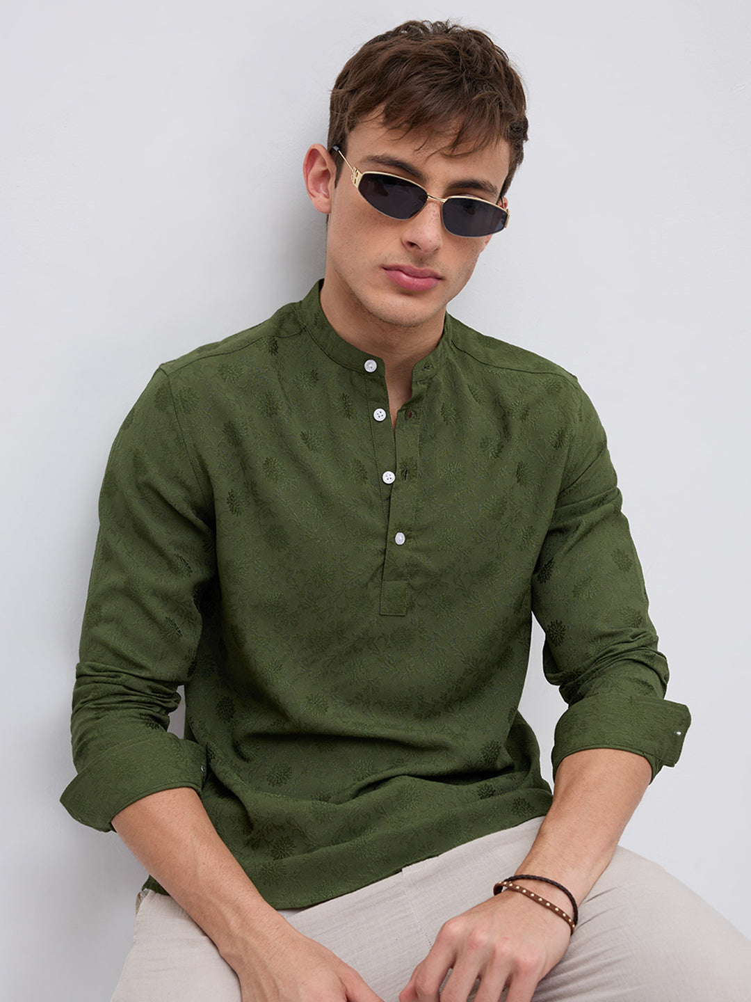 Forest Green Floral Embossed Kurta