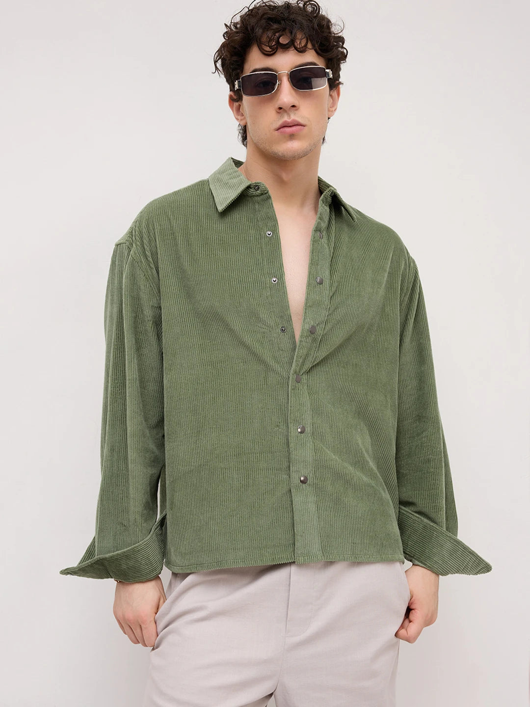 Green Mossline Structured Corduroy Boxy Fit Crop Shirt