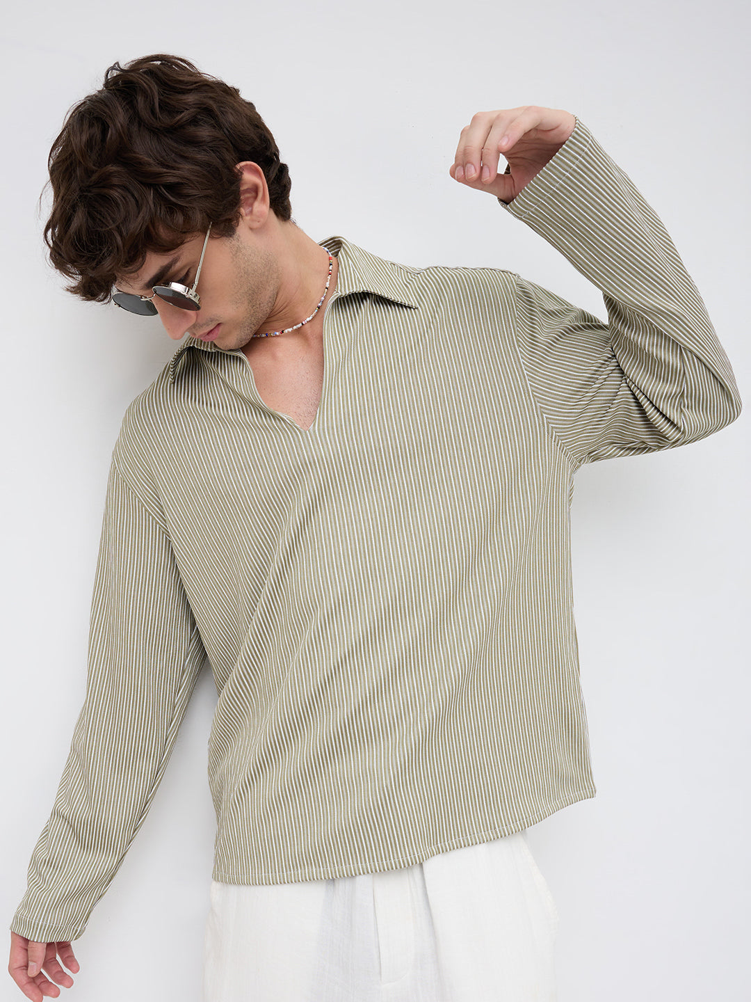 Classic Green Rib Striped Oversized Polo Shirt