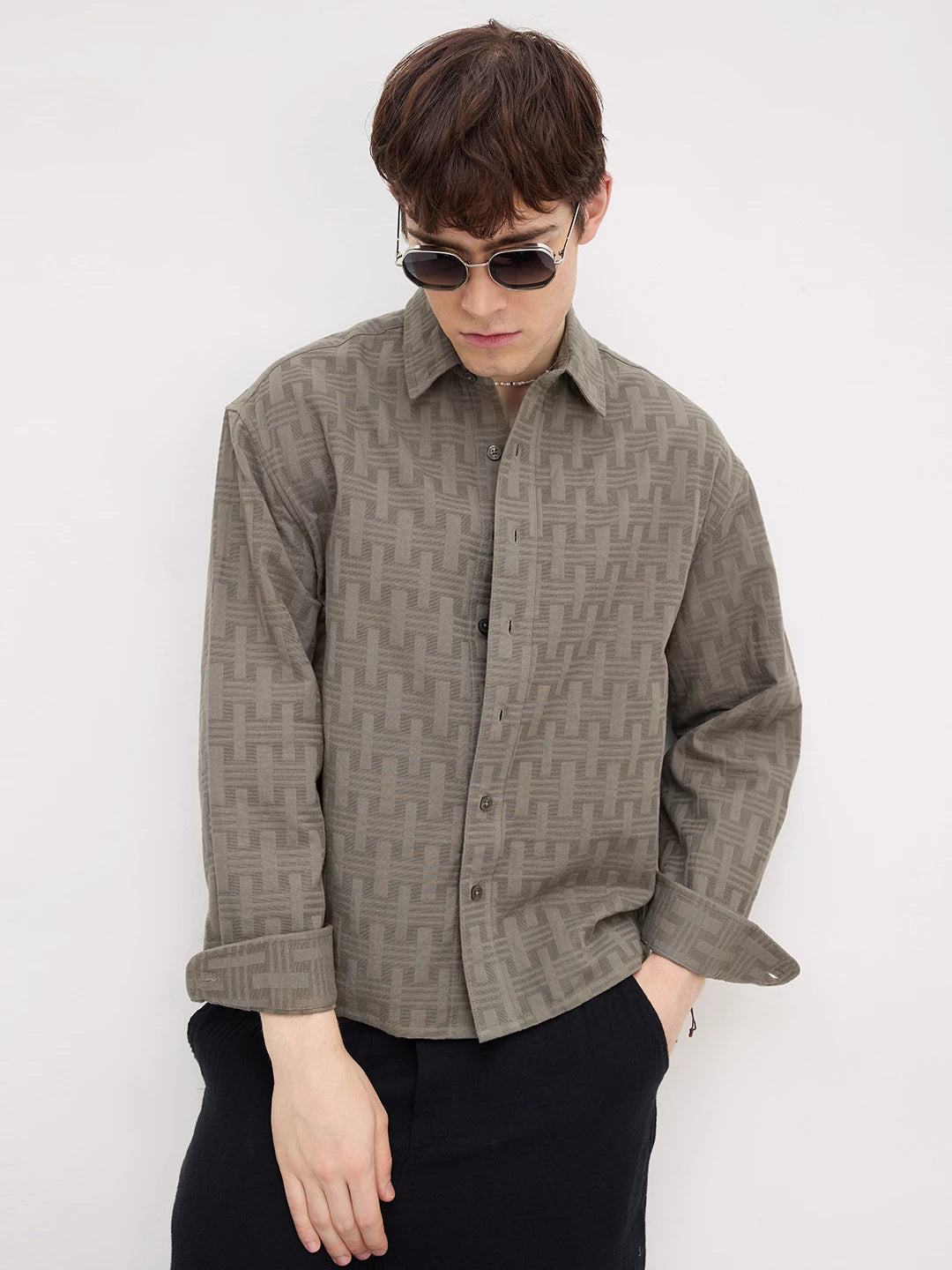 Contemporary Ash Grey Architectural Weave Textured Boxy Fit Crop Shirt