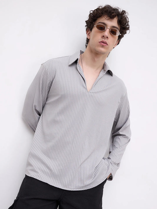 Ash Grey Dual Weave Striped Oversized Polo Knit Shirt