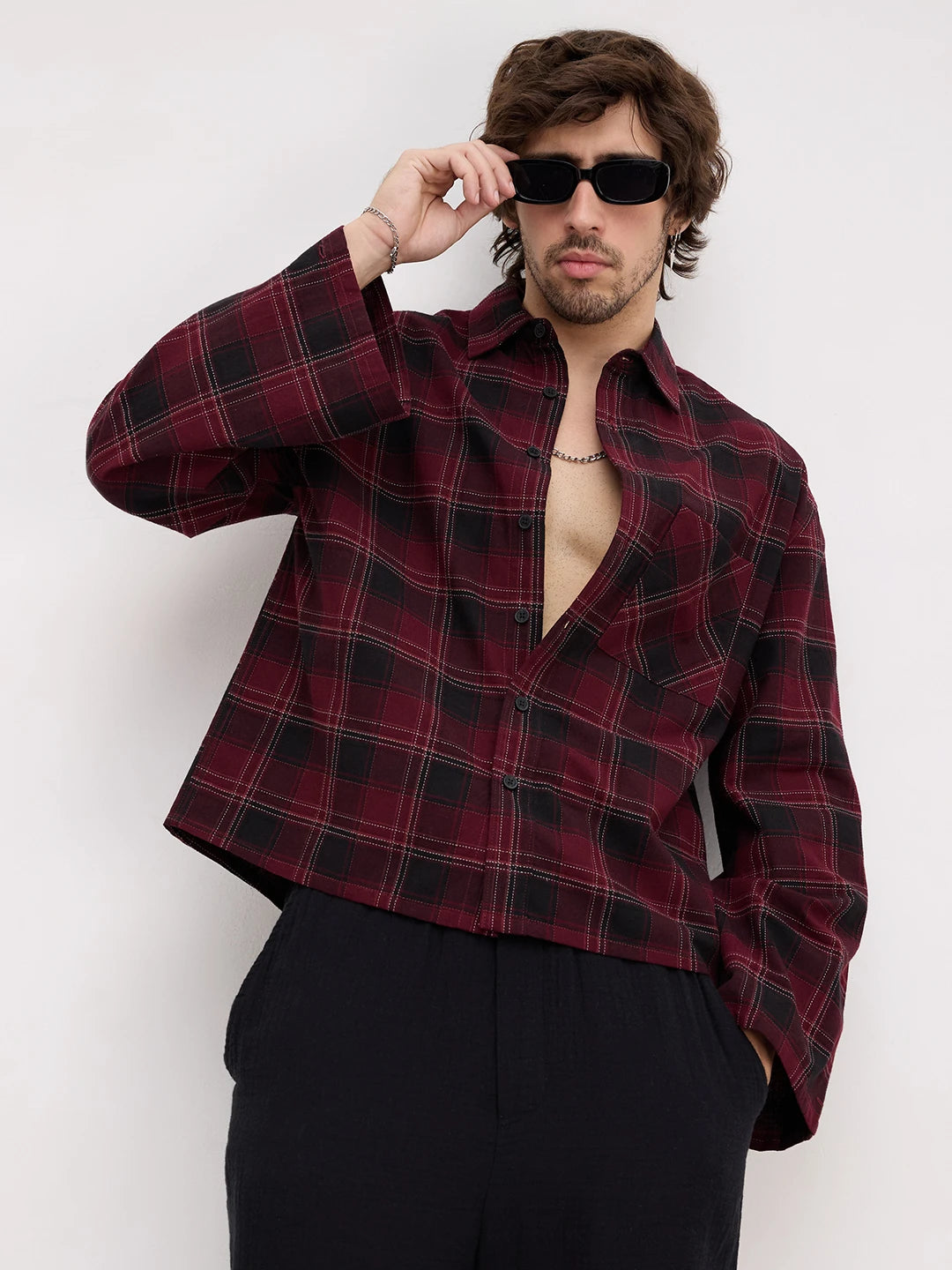 Luxe Blood Red Multi-Line Square Checks Cuffless Oversized Crop Shirt