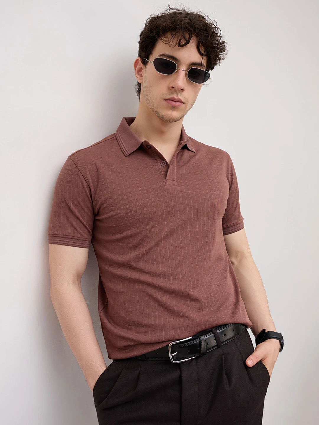 Cocoa Brown Checks Weave Polo Tee