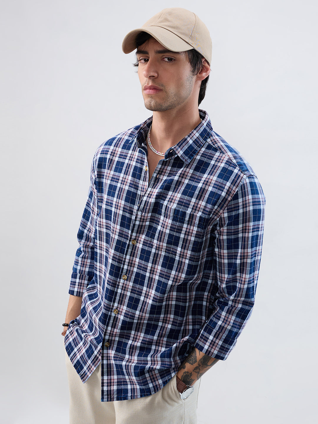 Denim White & Navy Herringbone Plaid Checks Shirt