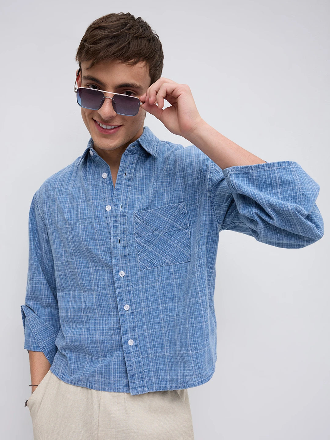 Icy Denim Blue Micro Checks Cuffless Oversized Crop Shirt