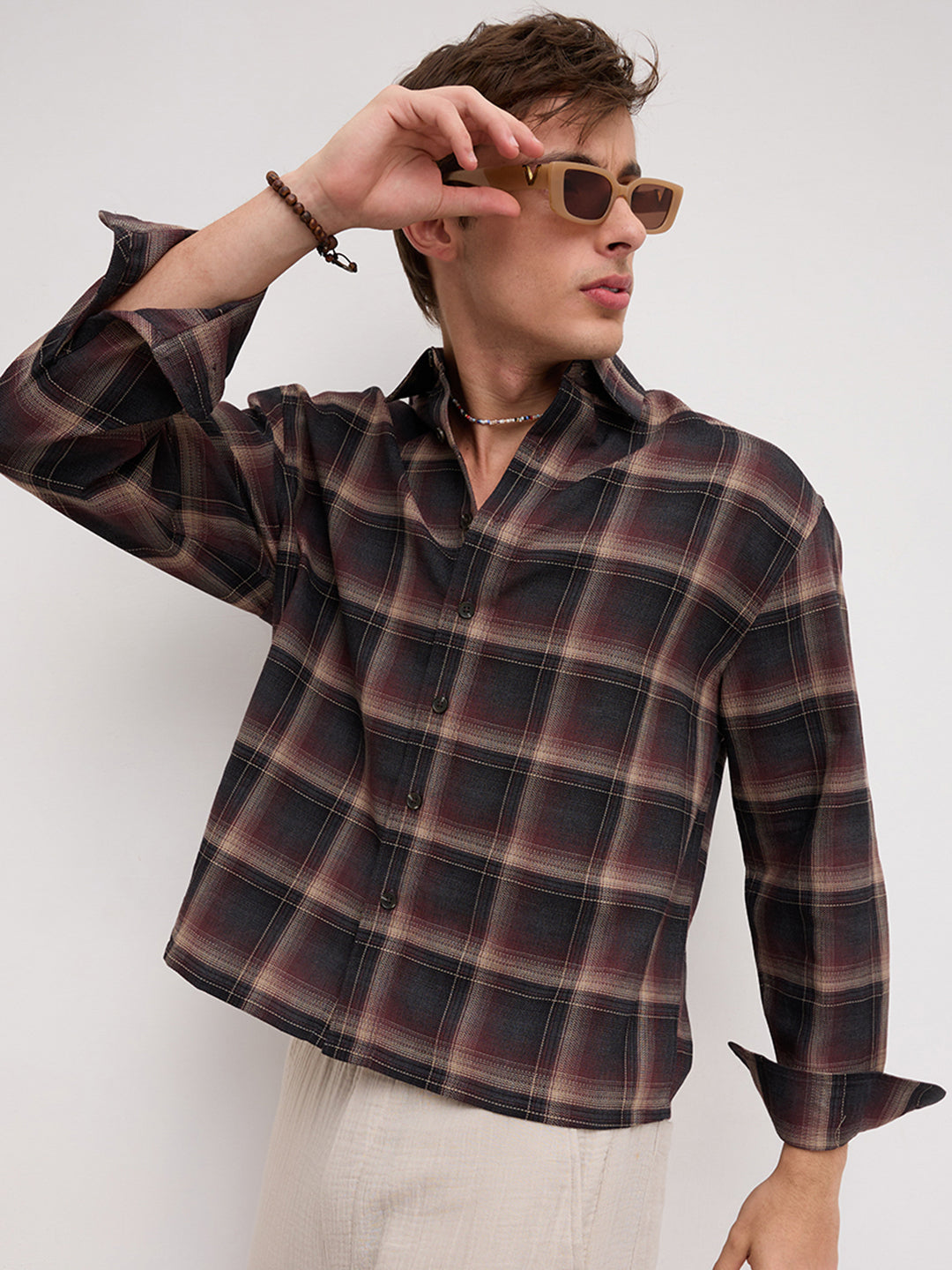 Espresso Ombre Checks Boxy Fit Crop Shirt