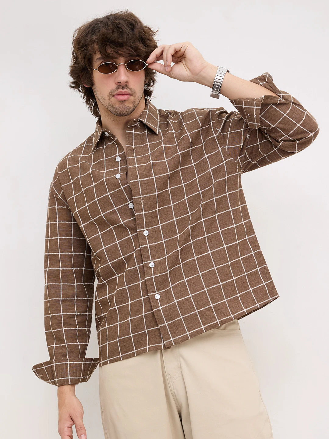 Natural Wood Brown Square Checks Boxy Fit Crop Shirt