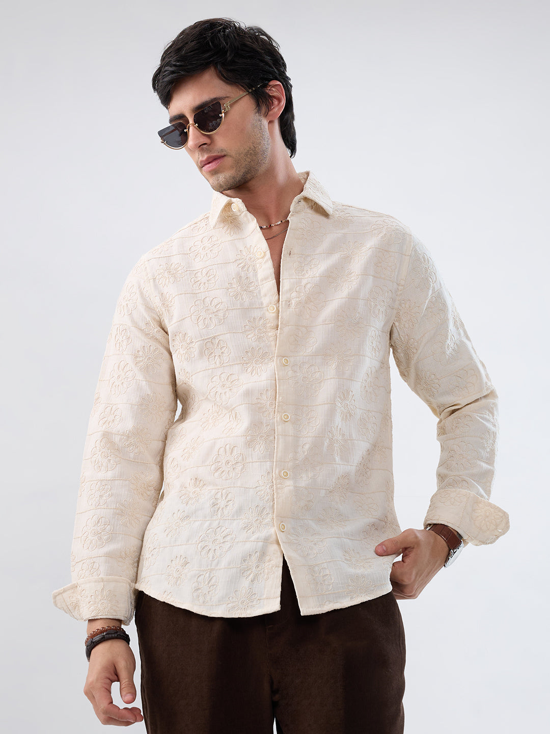 Serene Whispering Bloom Beige Embroidered Shirt