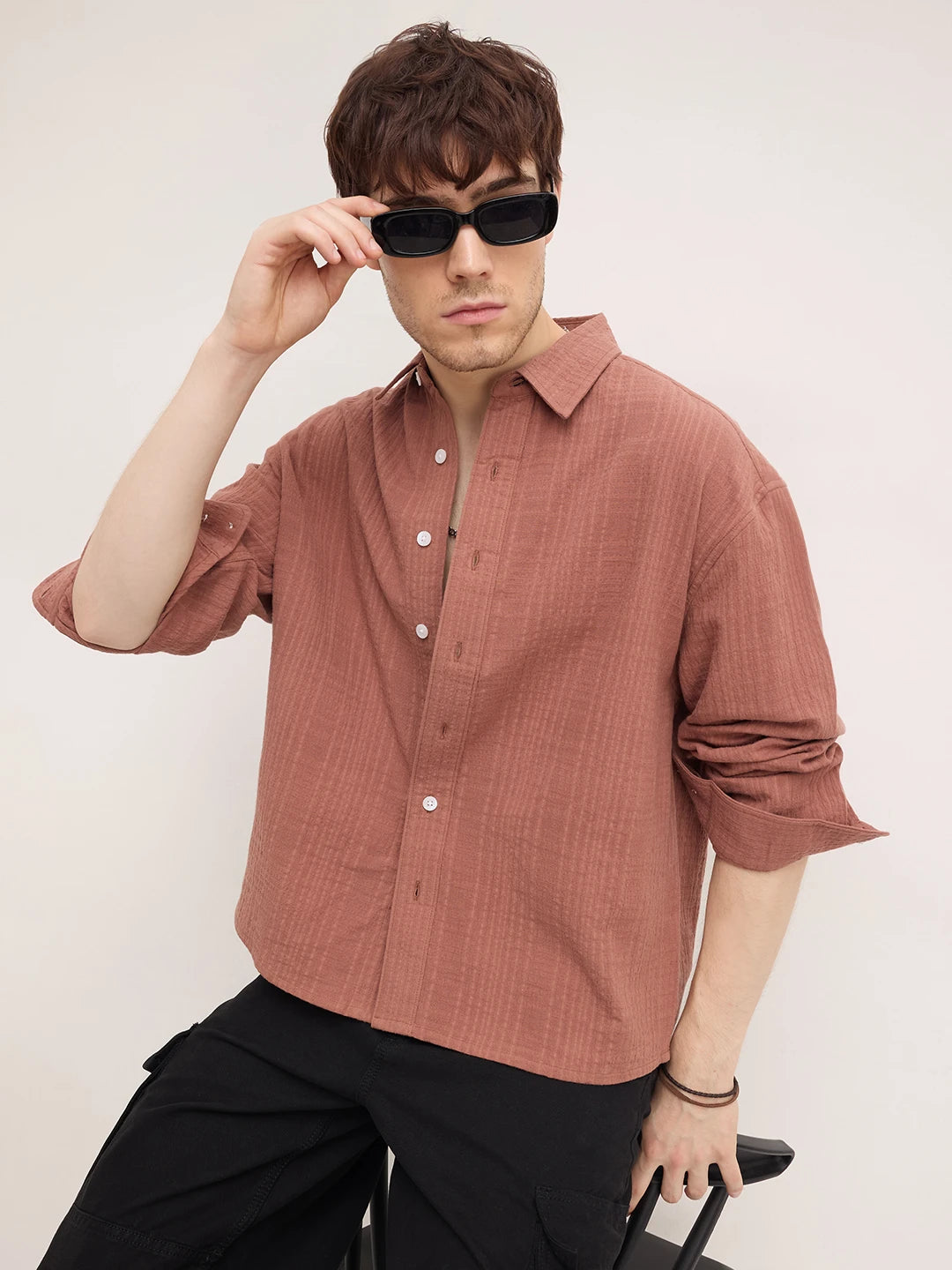 Rust Chestnut Brown Double Cloth Boxy Fit Crop Shirt
