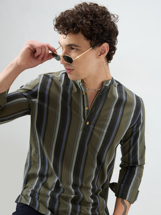 Refined Olive Multi Striped Kurta
