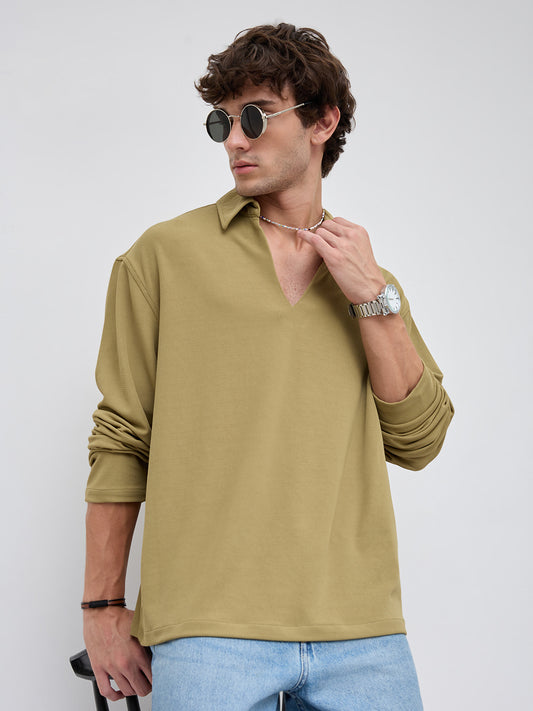 Soft Olive Oversized Knitted Polo Shirt