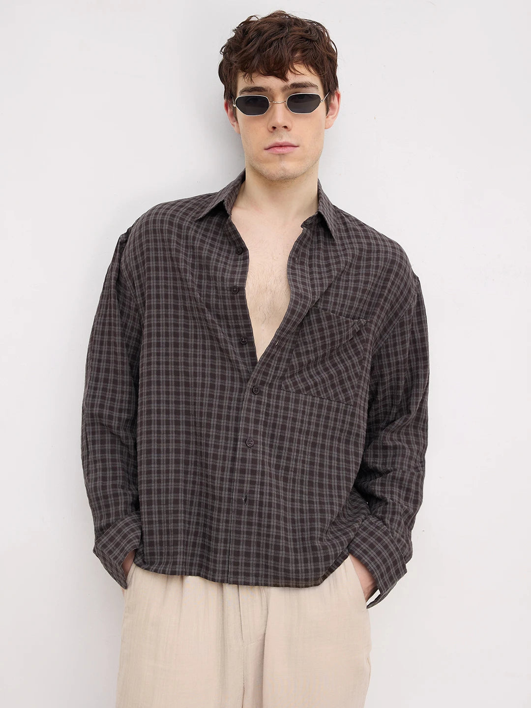 Brown & Grey Shadow Atelier Checked Boxy Fit Crop Shirt