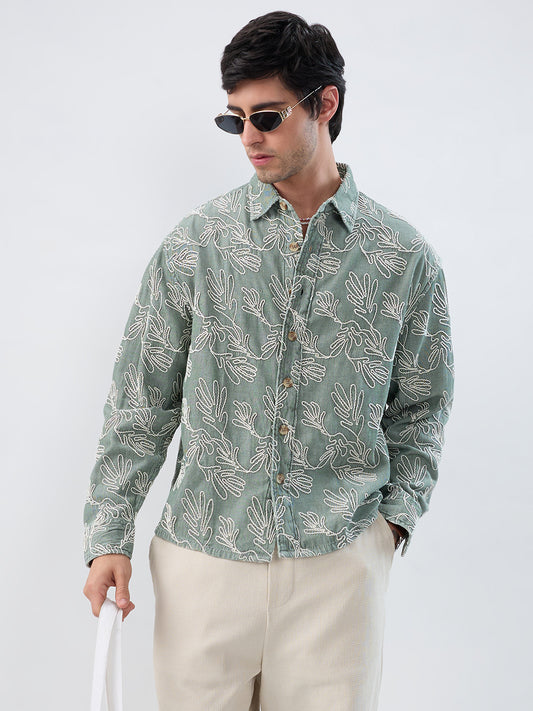 Denim Sage Green Artistic Embroidered Boxy Fit Crop Shirt
