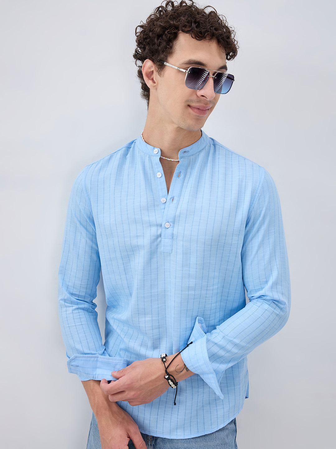 Baby Blue Ladder Striped Subtle Textured Kurta