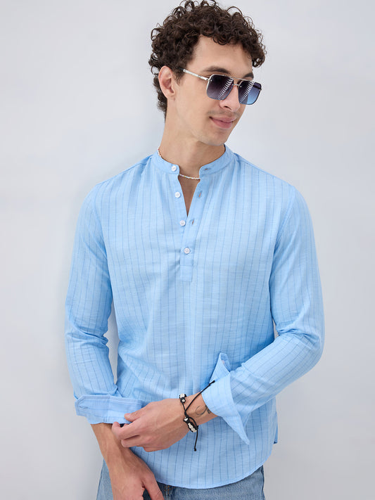 Baby Blue Ladder Striped Subtle Textured Kurta