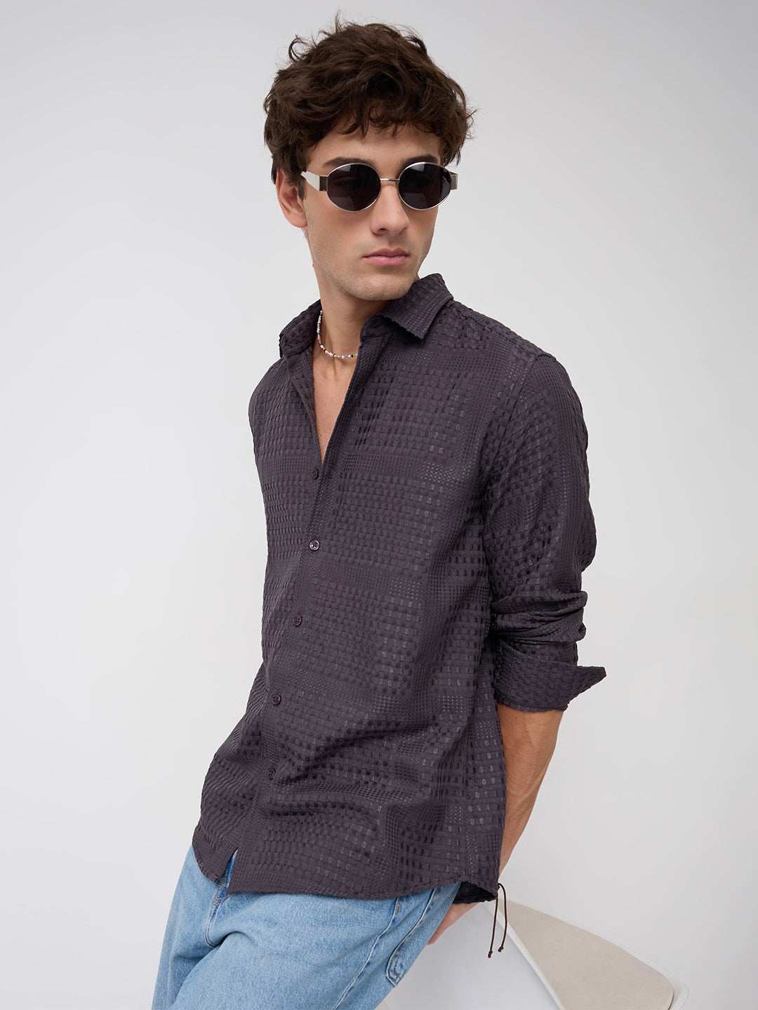 Charcoal Grey Geometric Grid Embossed Textured Shirt