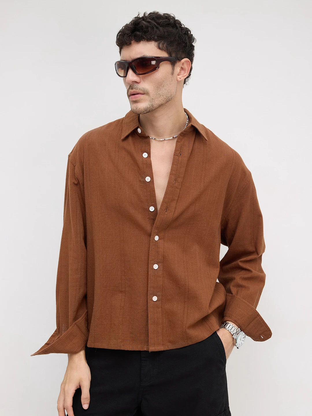 Iconic Brown Sheer Striped Boxy Fit Crop Shirt