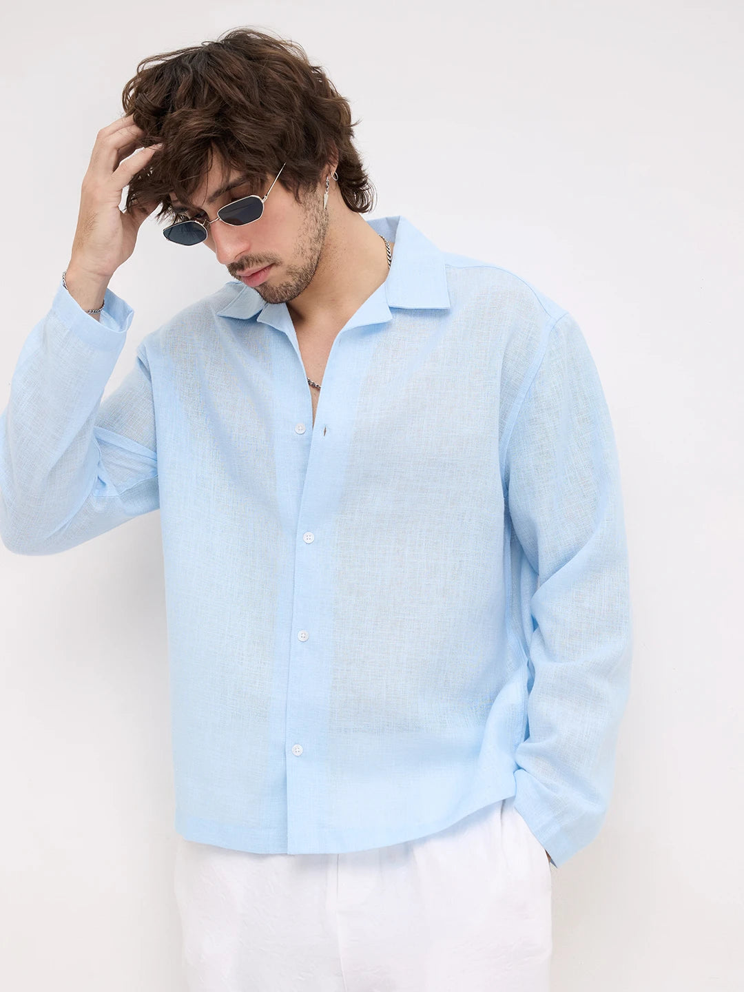 Iceberg Blue Sheer Textured Notch Collar Oversized Vacation Shirt